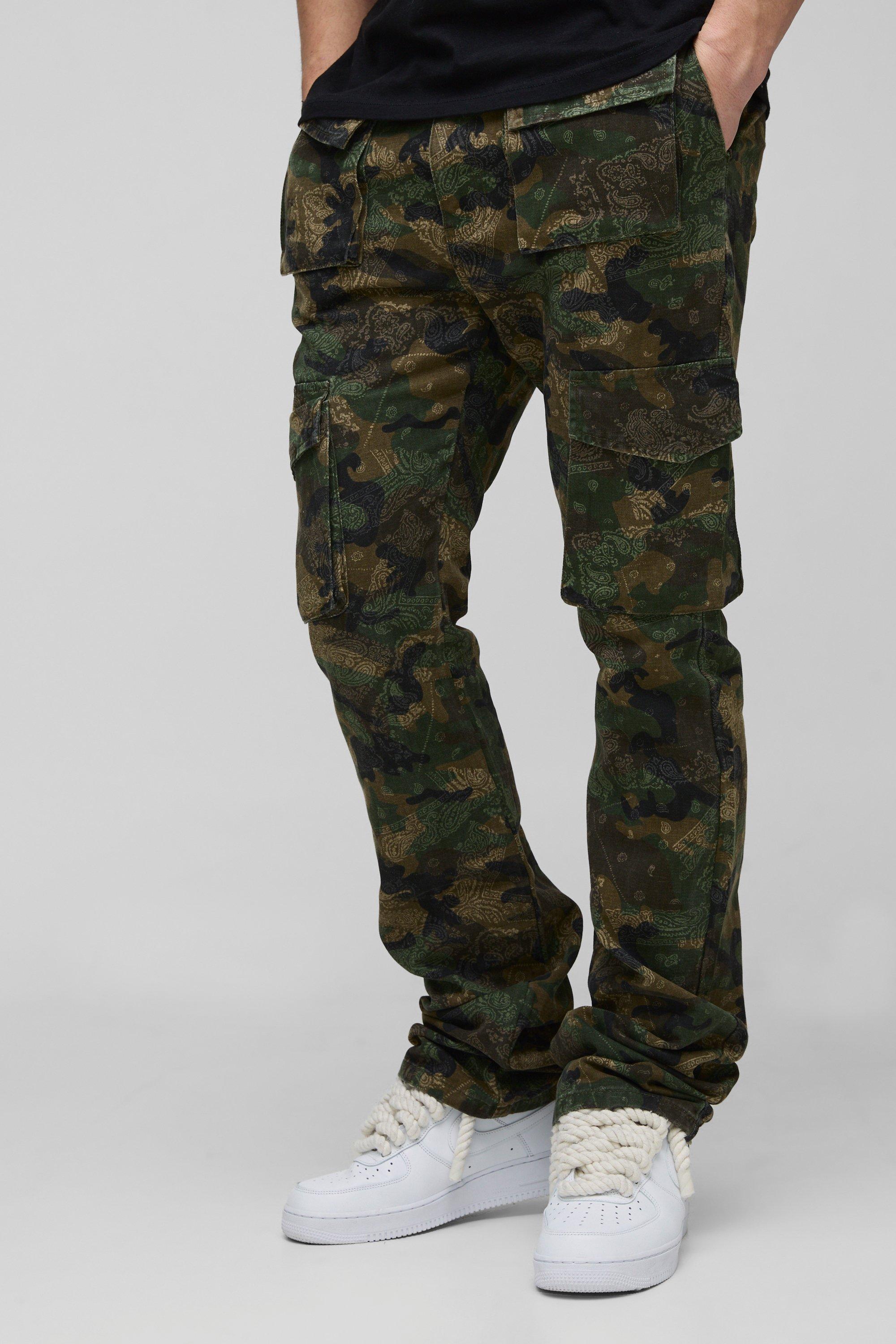 Mens Green Tall Slim Stacked Flare Multi Cargo Camo Bandana Trouser, Green
